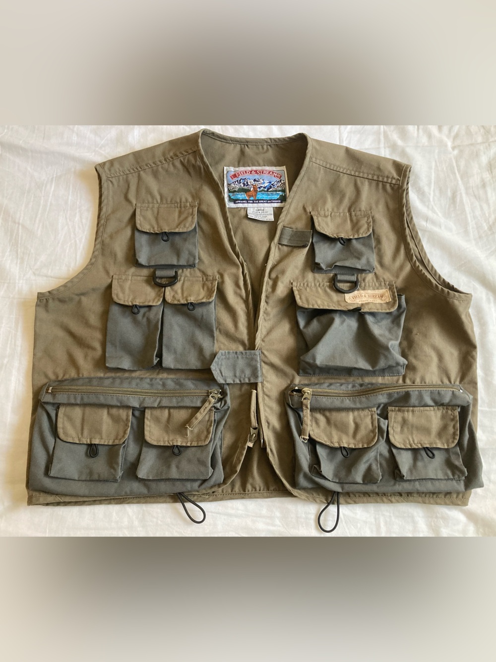 Vintage Field & Stream Utility Fishing Vest Men's L Khaki Multi Pocket Safari